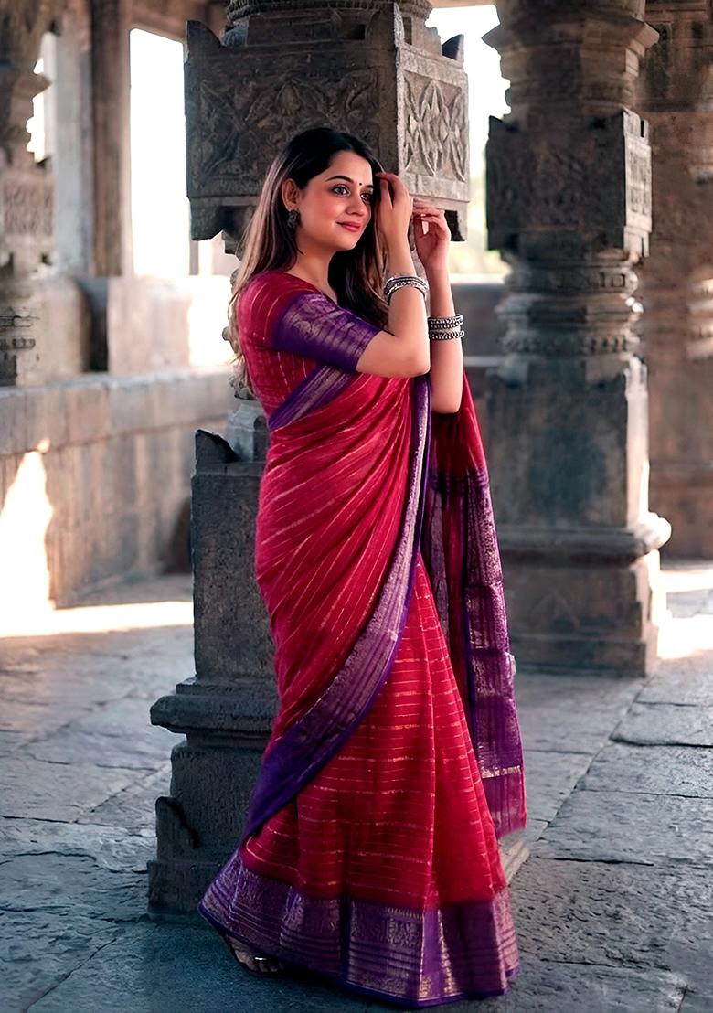 Red Zari Work Crepe Saree Set - Indya