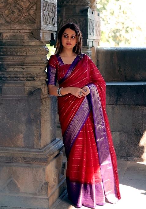Red Zari Work Crepe Saree Set