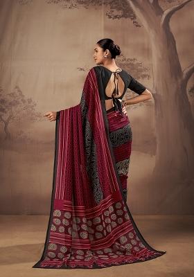 Red Printed Cotton Saree Set