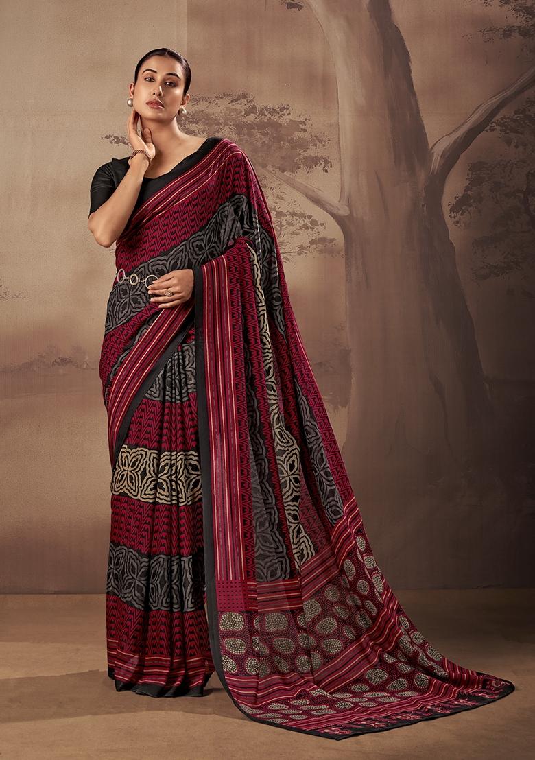 Red Printed Cotton Saree Set - Indya