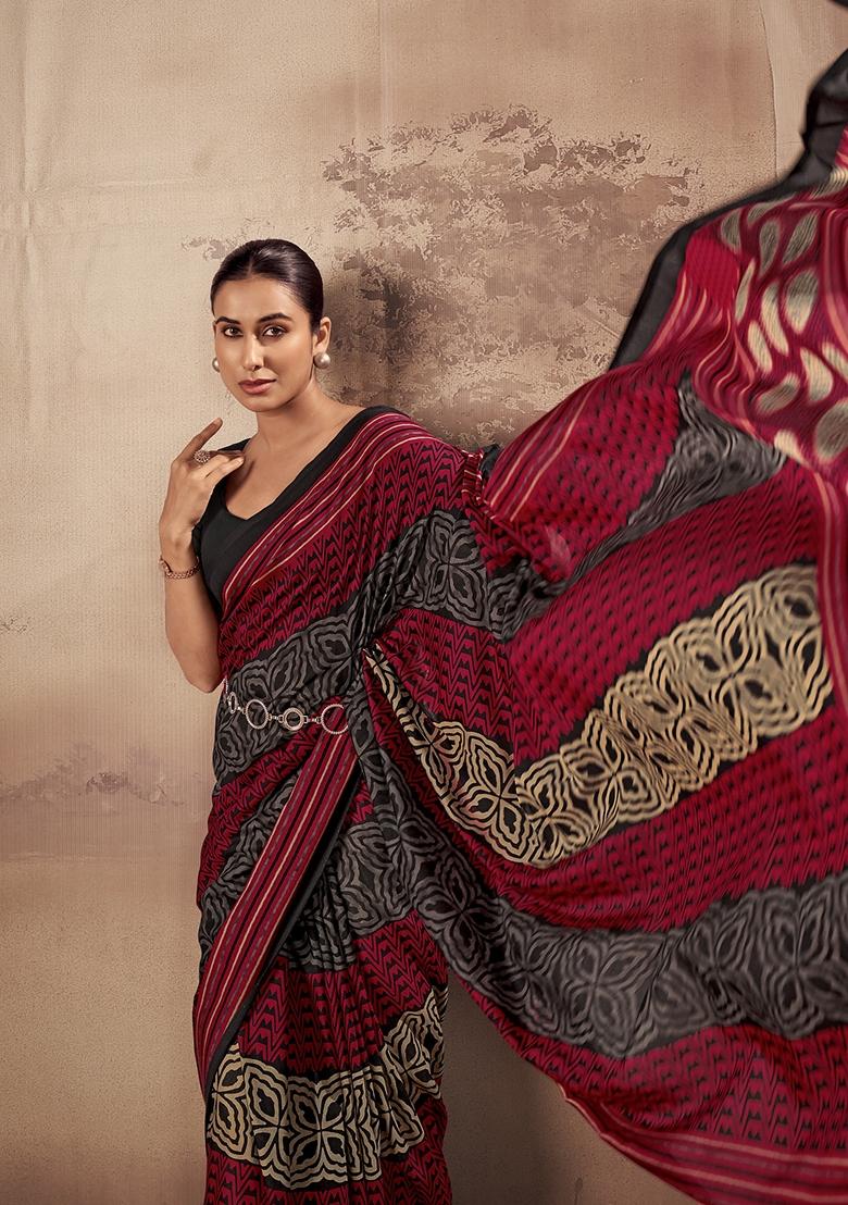 Red Printed Cotton Saree Set - Indya
