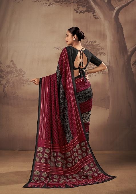 Red Printed Cotton Saree Set