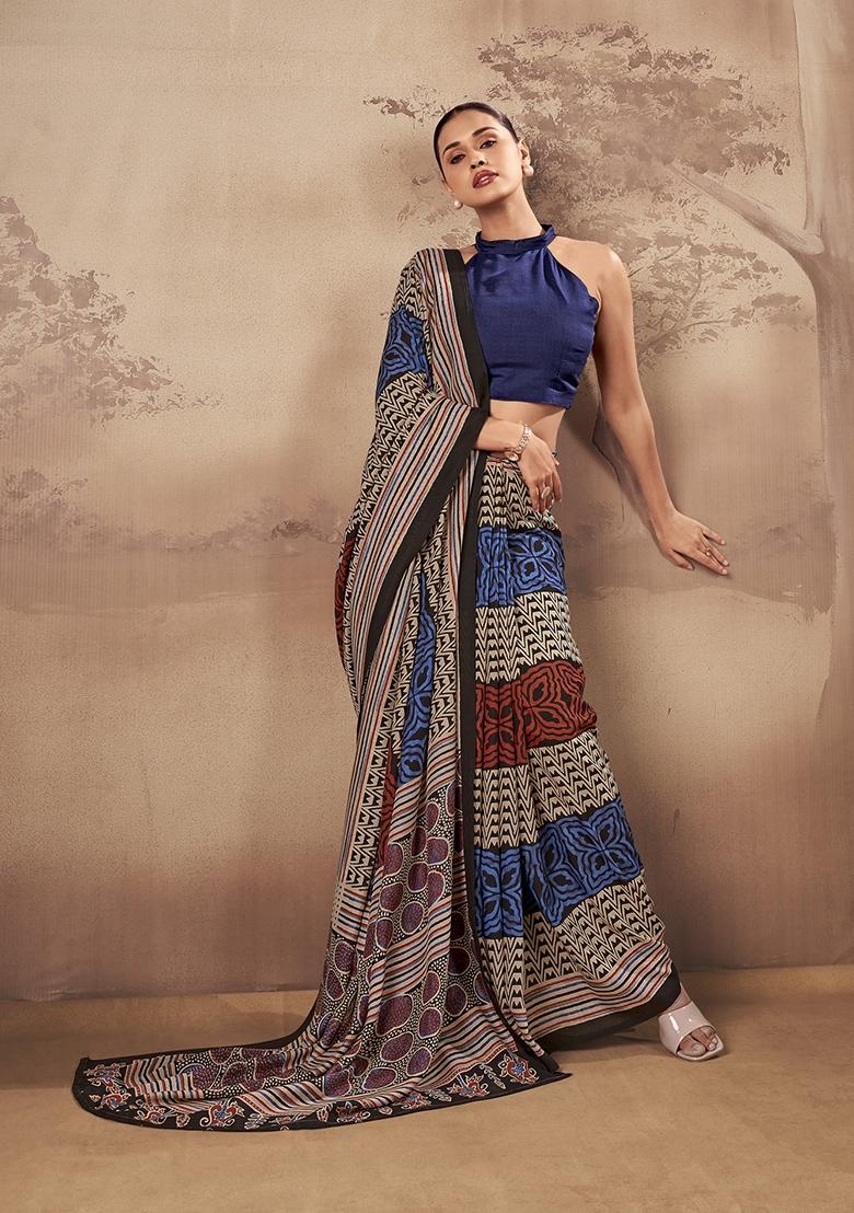 Navy Blue Printed Cotton Saree Set - Indya