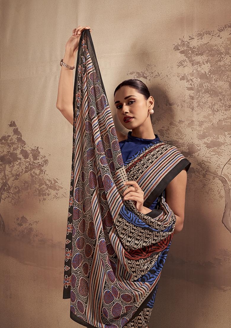 Navy Blue Printed Cotton Saree Set - Indya
