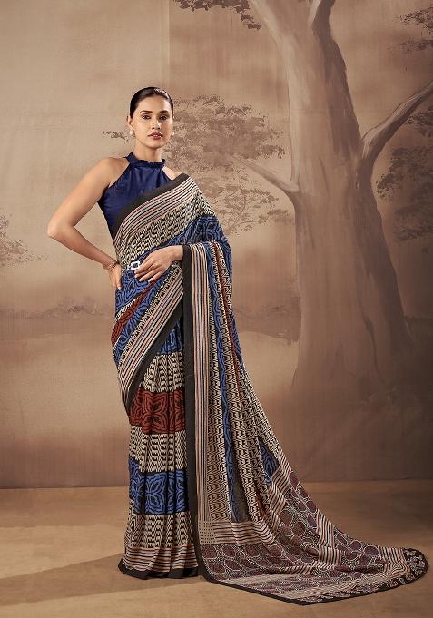 Navy Blue Printed Cotton Saree Set