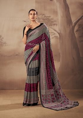Black Printed Cotton Saree Set