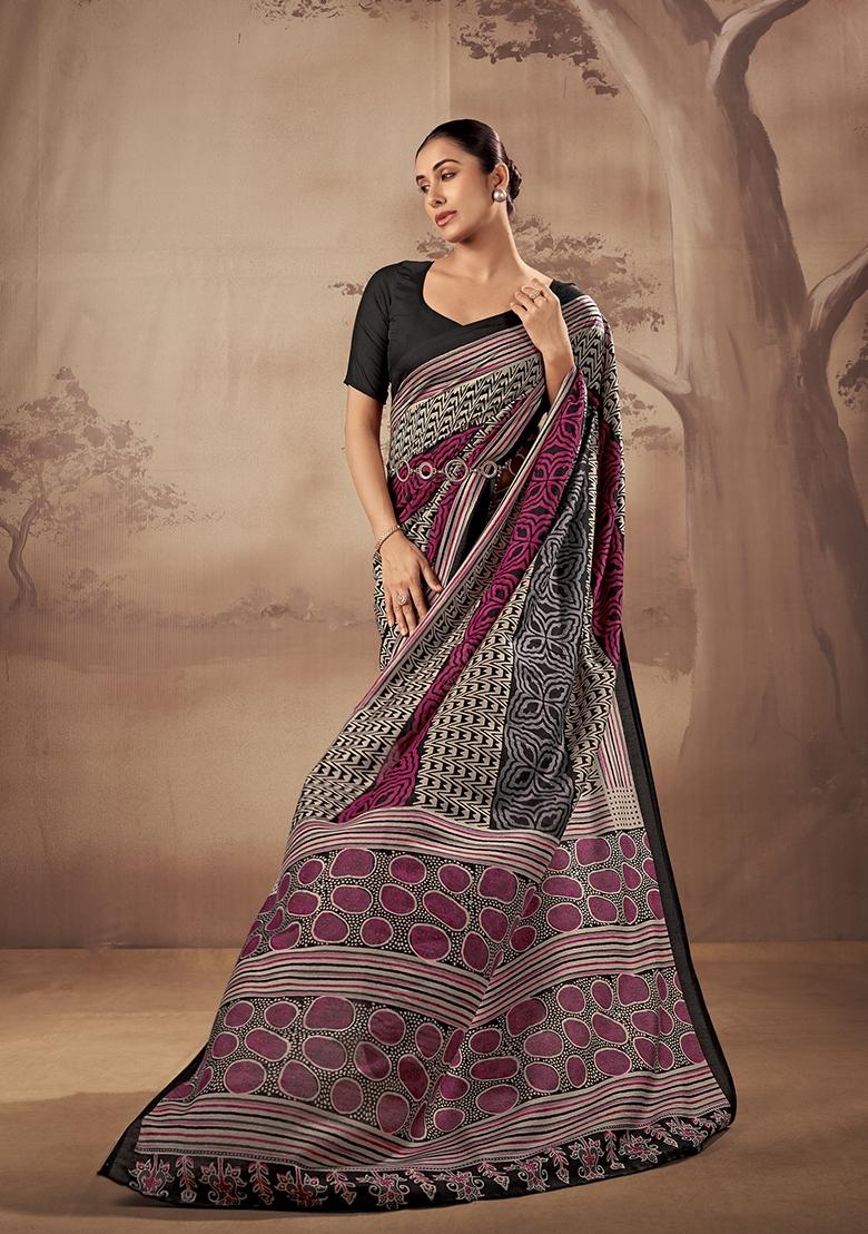 Black Printed Cotton Saree Set - Indya