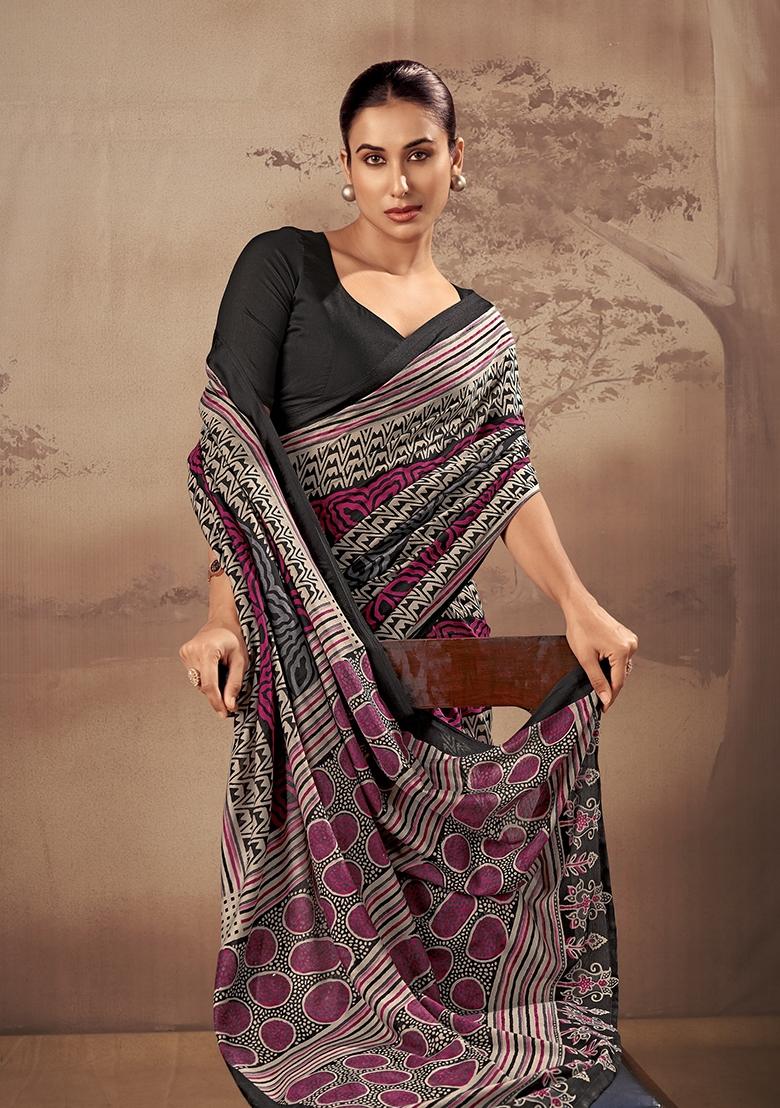Black Printed Cotton Saree Set - Indya