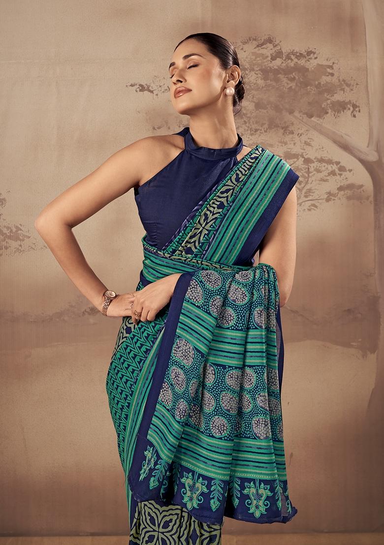 Firozi Printed Cotton Saree Set - Indya