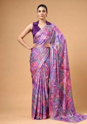 Lavender Printed Silk Blend Saree Set