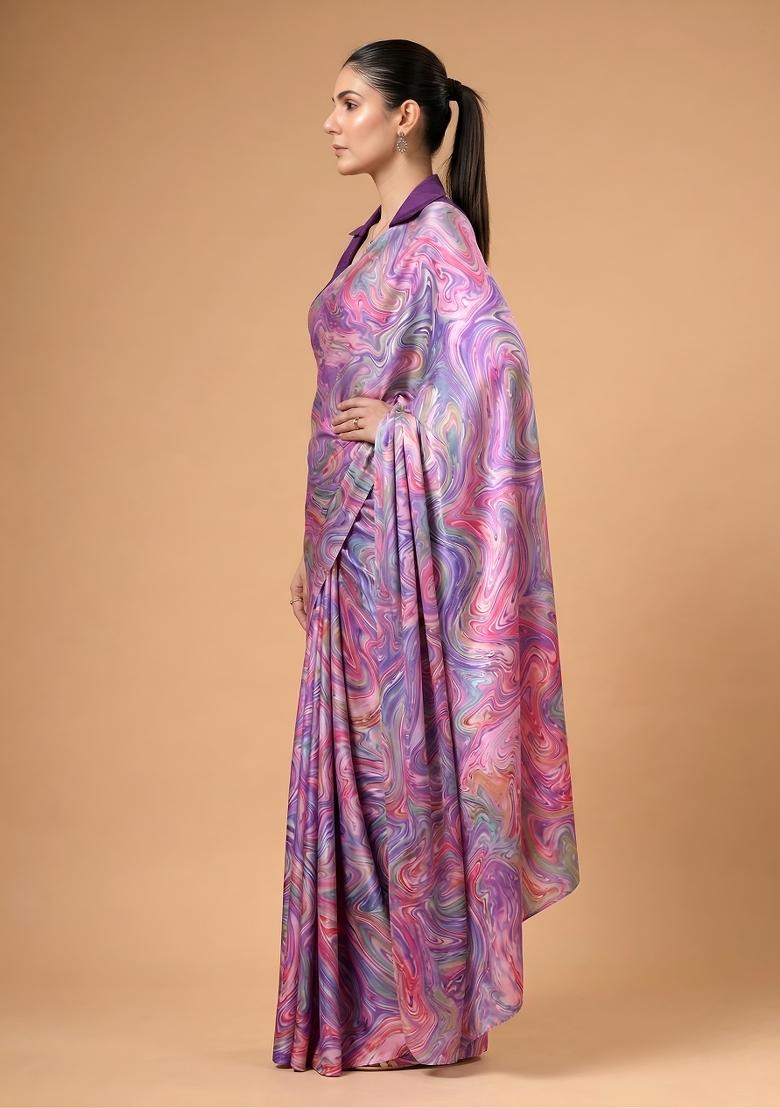 Lavender Printed Silk Blend Saree Set - Indya