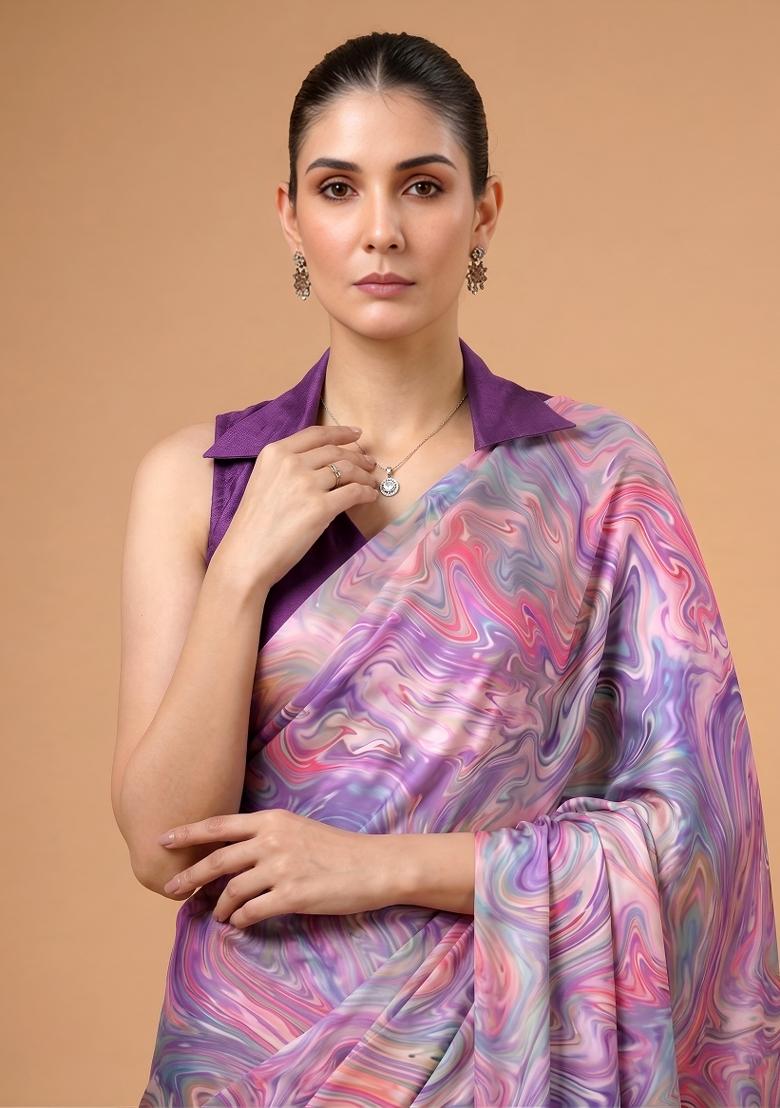 Lavender Printed Silk Blend Saree Set - Indya