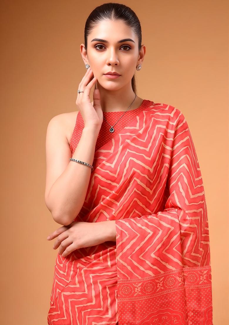 Crimson Printed Silk Blend Saree Set - Indya