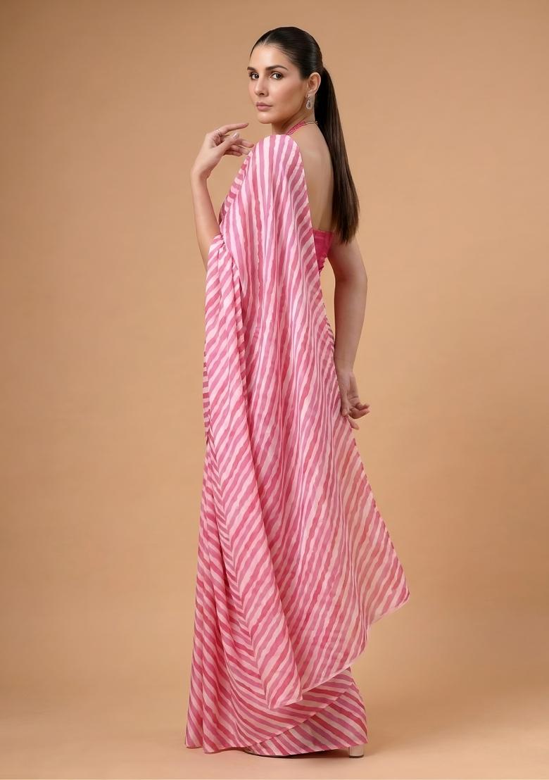 Pink Printed Silk Blend Saree Set - Indya