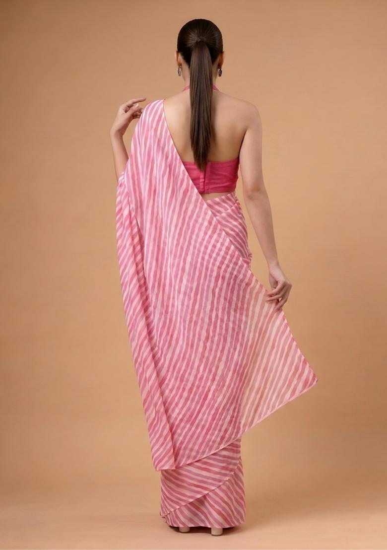 Pink Printed Silk Blend Saree Set - Indya