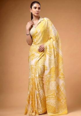 Yellow Printed Silk Blend Saree Set