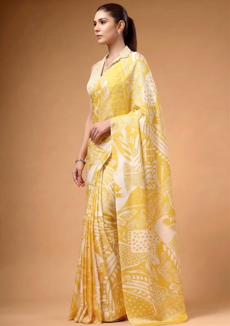 Yellow Printed Silk Blend Saree Set - Indya
