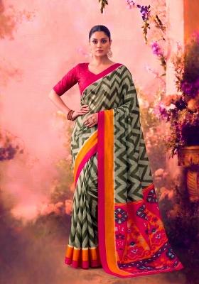 Mehendi Printed Silk Blend Saree Set