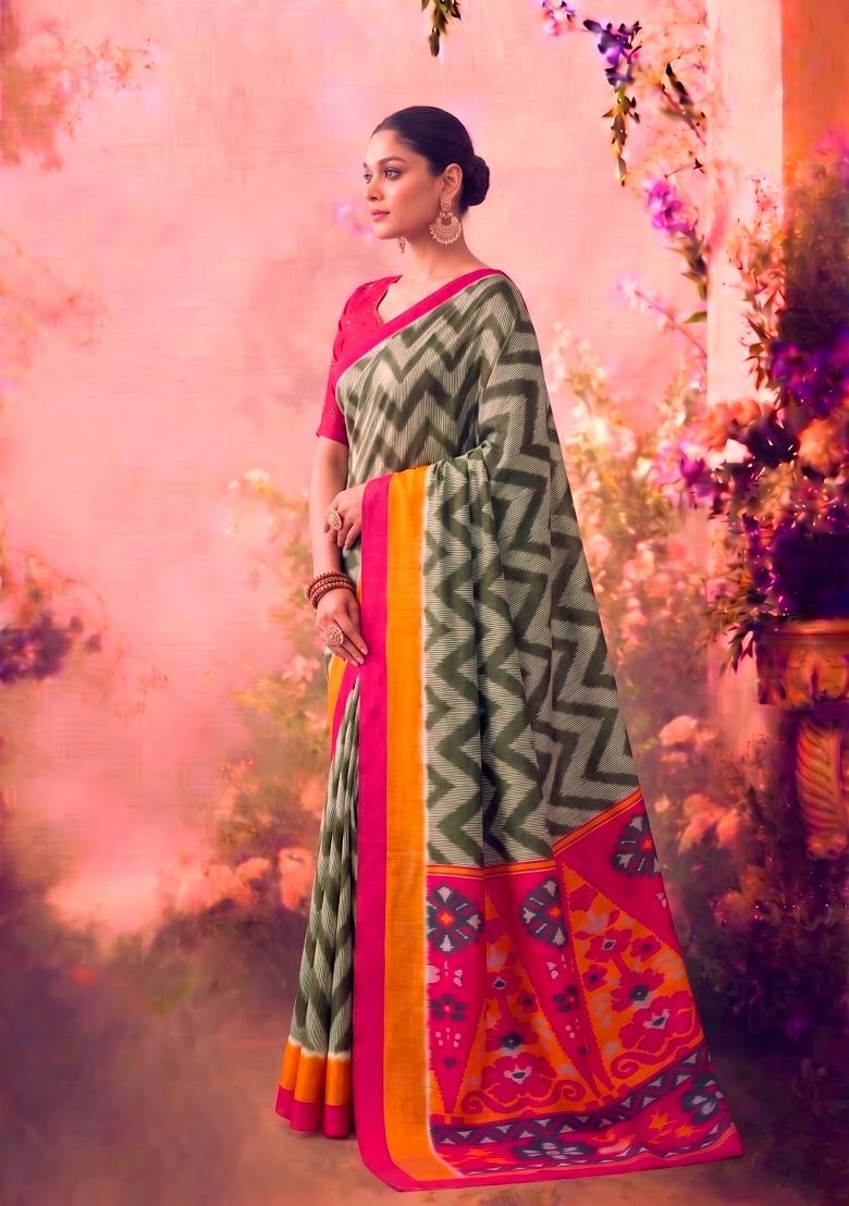 Mehendi Printed Silk Blend Saree Set - Indya