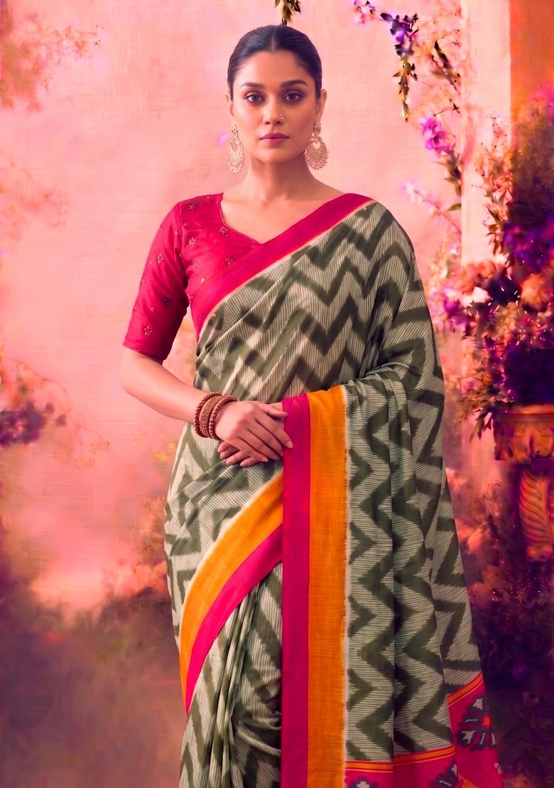Mehendi Printed Silk Blend Saree Set - Indya