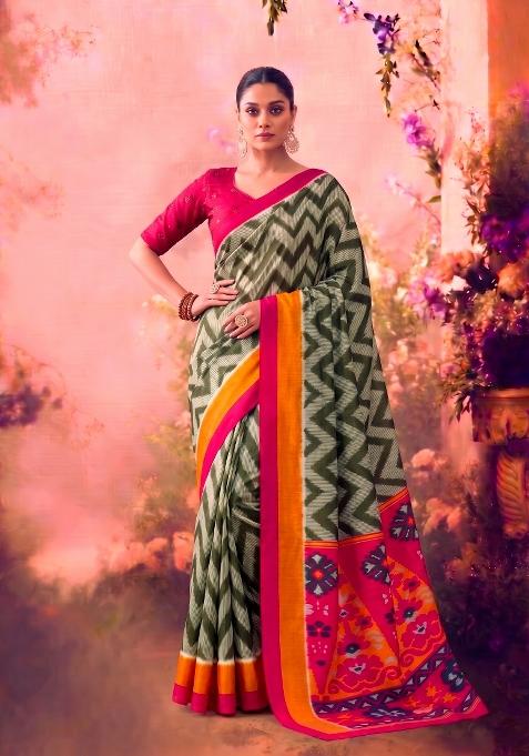 Mehendi Printed Silk Blend Saree Set