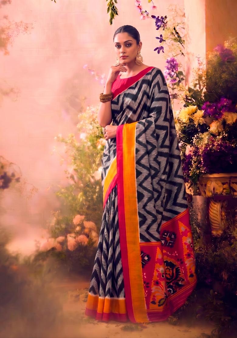 Black Printed Silk Blend Saree Set - Indya