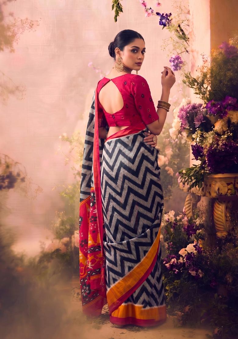 Black Printed Silk Blend Saree Set - Indya