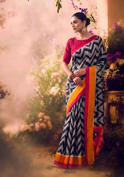 Black Printed Silk Blend Saree Set