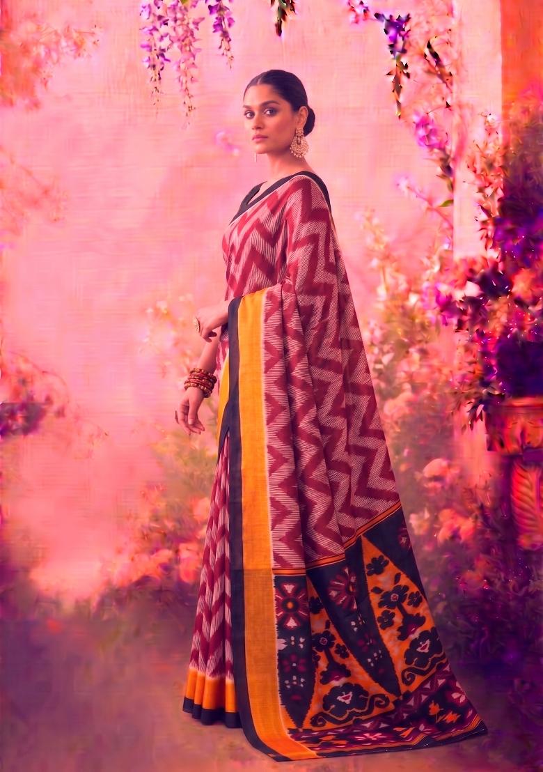 Maroon Printed Silk Blend Saree Set - Indya