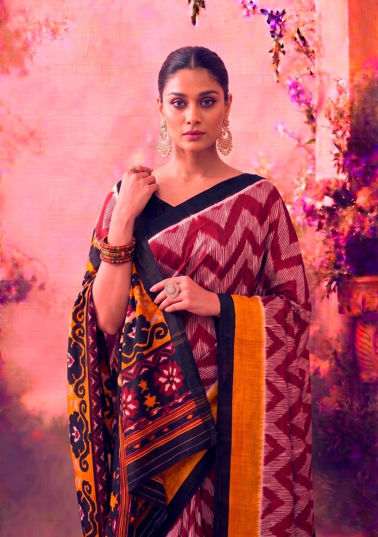 Maroon Printed Silk Blend Saree Set - Indya