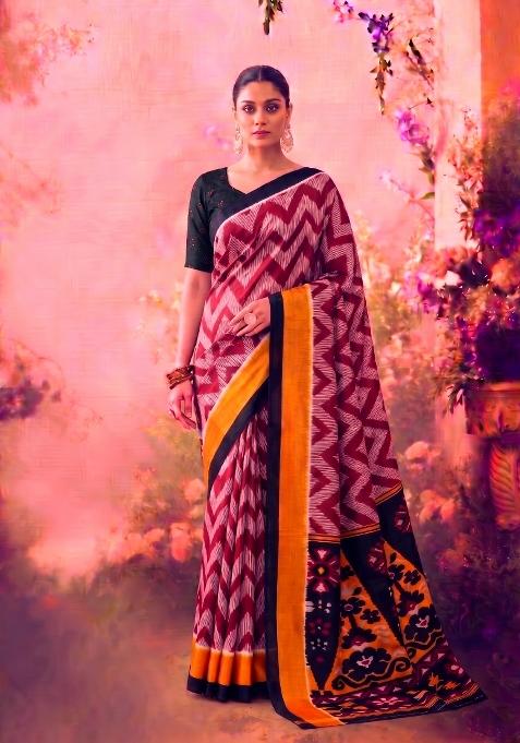 Maroon Printed Silk Blend Saree Set