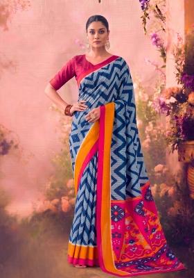 Blue Printed Silk Blend Saree Set