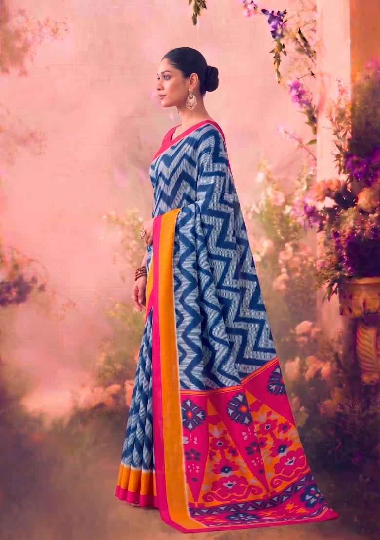 Blue Printed Silk Blend Saree Set - Indya