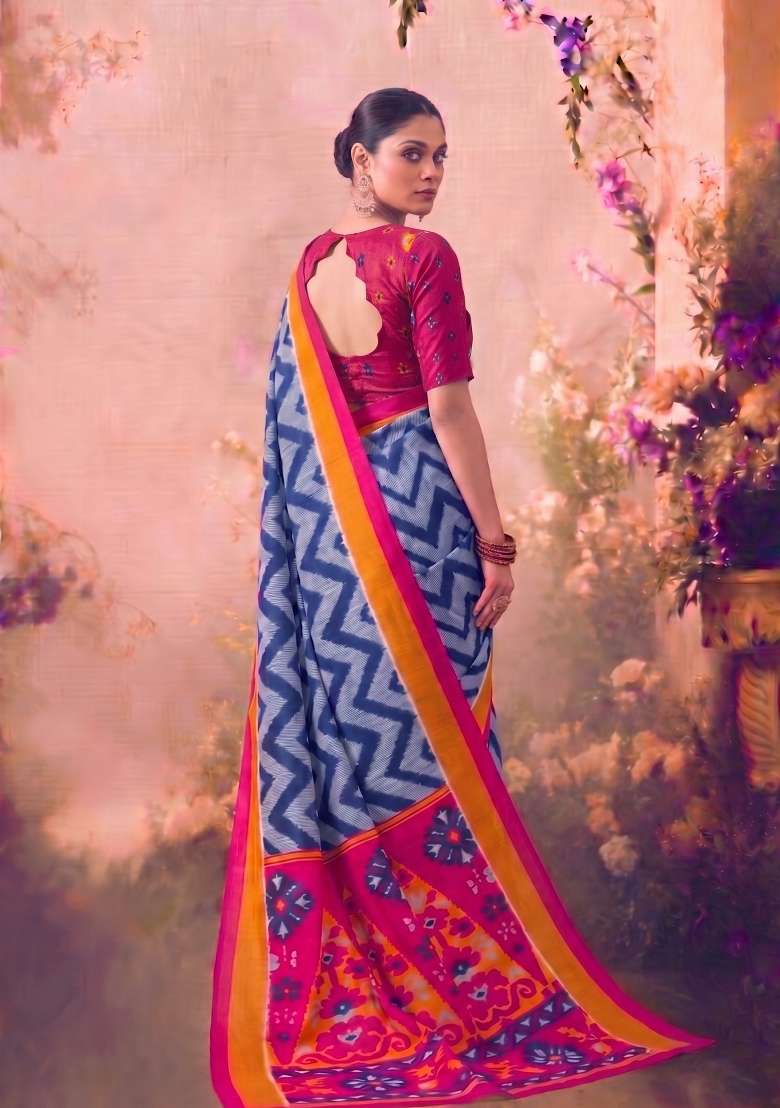 Blue Silk Blend Saree Set with Printed for Diwali | Wedding & Festive Wear - Indya