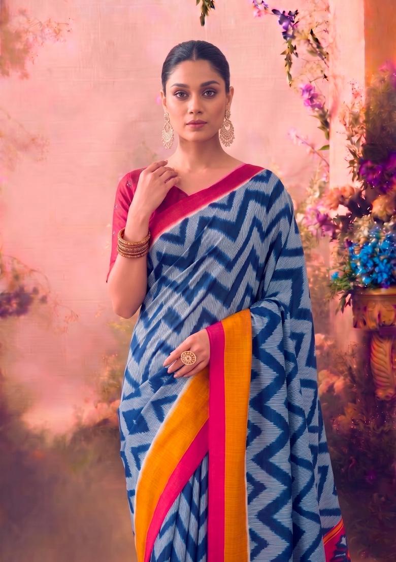 Blue Printed Silk Blend Saree Set - Indya