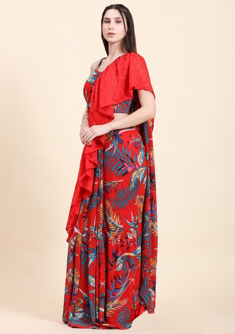 Red Printed Georgette Saree Set - Indya