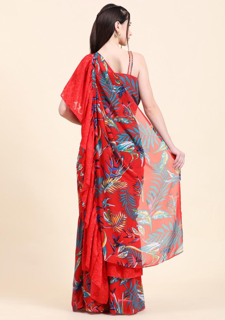 Red Printed Georgette Saree Set - Indya