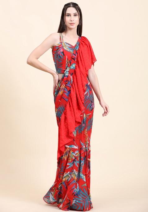 Red Printed Georgette Saree Set