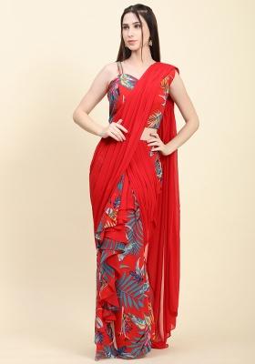 Red Printed Georgette Saree Set