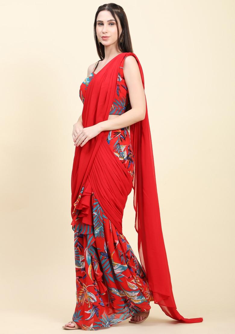 Red Printed Georgette Saree Set - Indya
