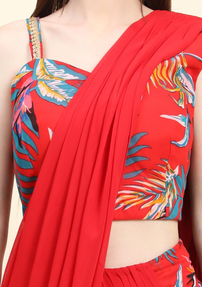 Red Printed Georgette Saree Set - Indya