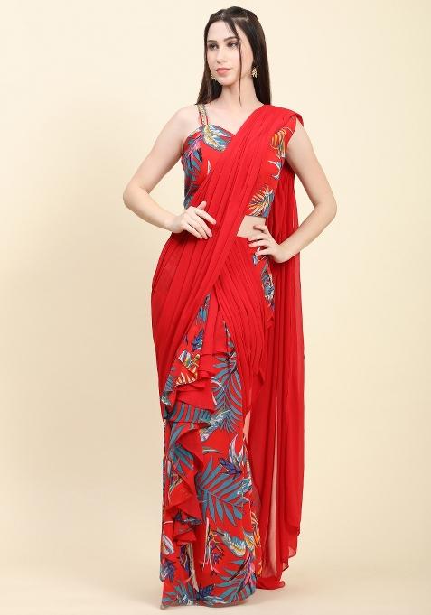 Red Printed Georgette Saree Set
