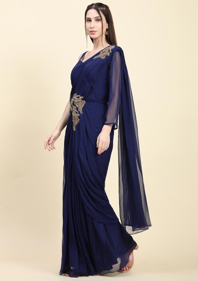 Dark Blue Sequin Work Georgette Saree Set - Indya