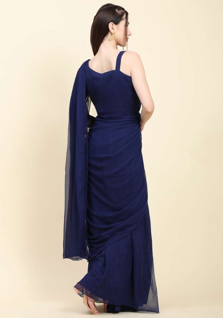 Dark Blue Sequin Work Georgette Saree Set - Indya