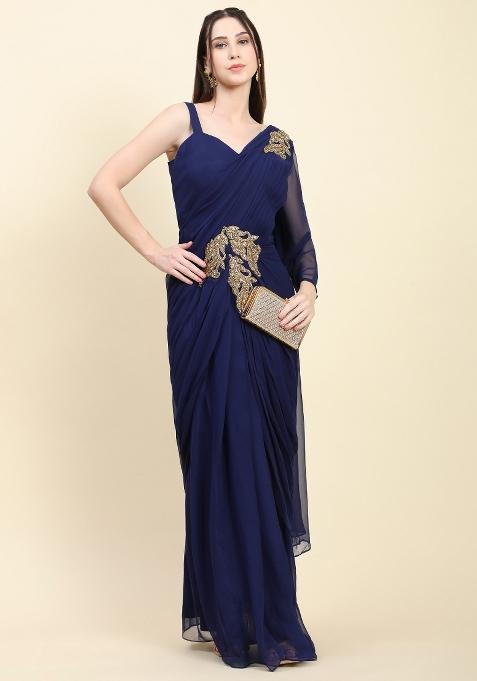Dark Blue Sequin Work Georgette Saree Set