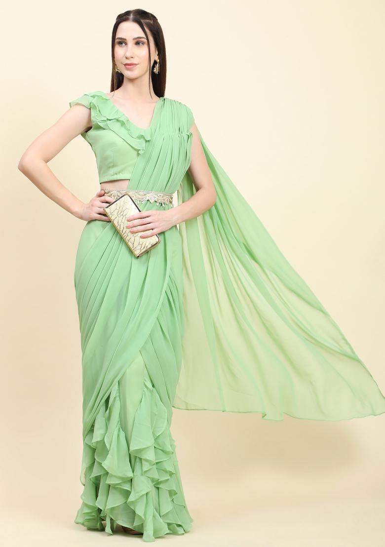 Pastel Green Georgette Saree Set - Indya