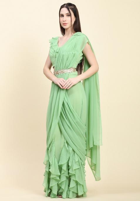 Pastel Green Georgette Saree Set