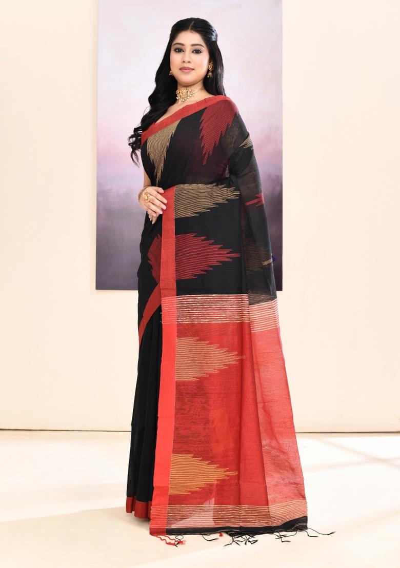 Black Handloom Cotton Saree Set - Indya