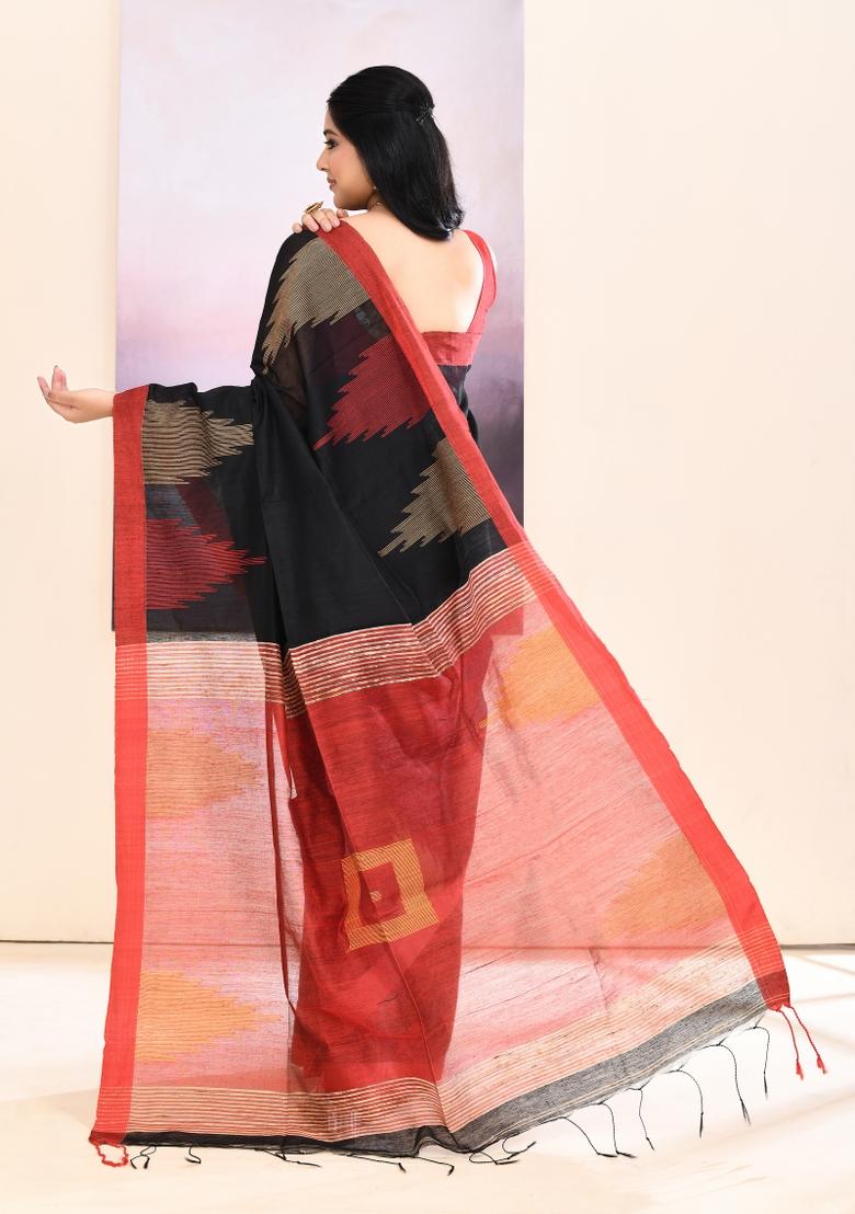 Black Handloom Cotton Saree Set - Indya