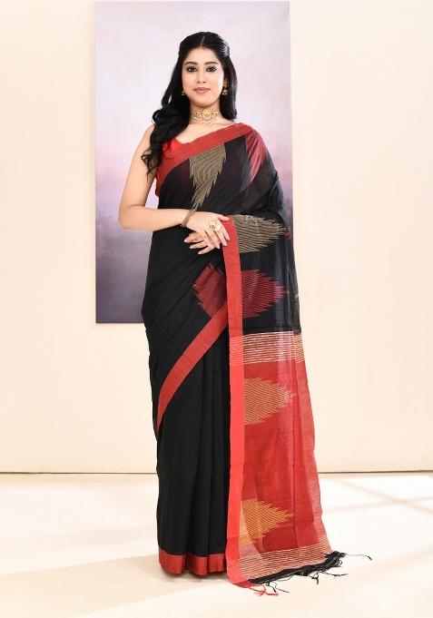 Black Handloom Cotton Saree Set